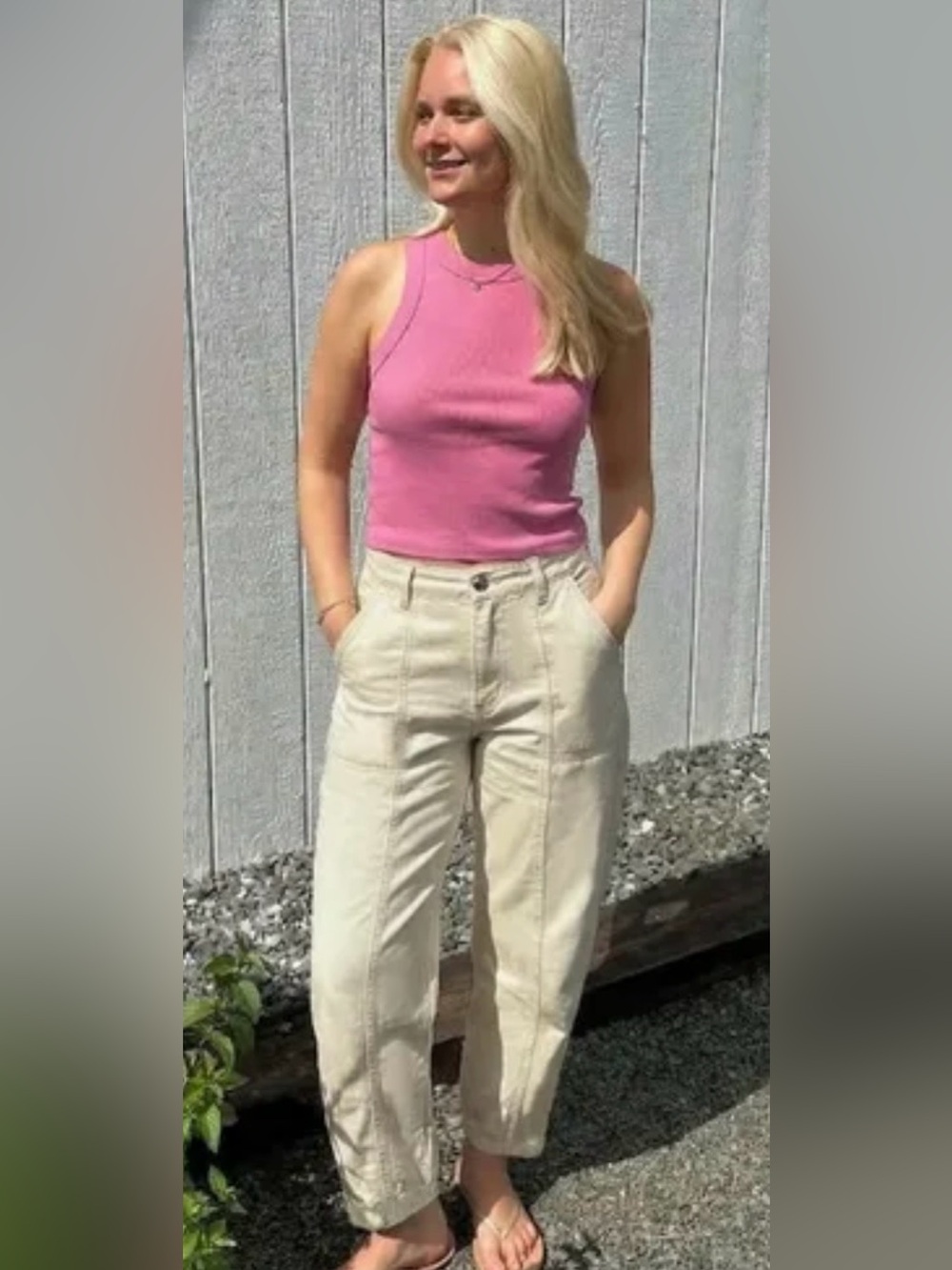Flamingals Solid Stitch Detail Mid Waist Barrel Leg Pants Beige - Picture 3 of 7